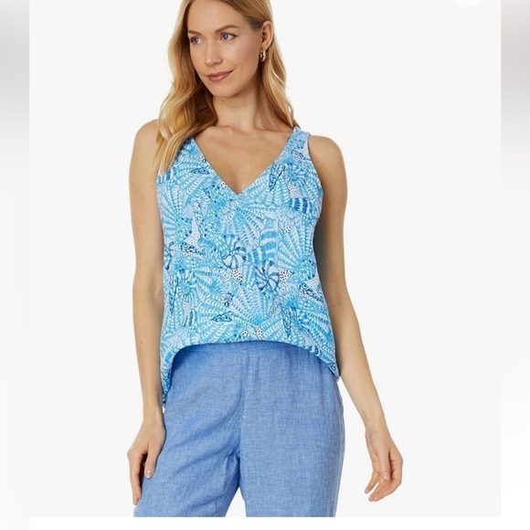 Lilly Pulitzer FLORIN SLEEVELESS LINEN TOP, AMALFI BLUE BY THE SEASHORE - Picture 3 of 16